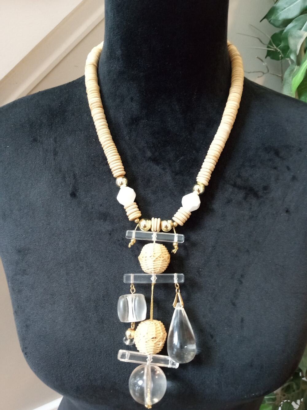Natural Wood & Clear Acrylic Drop Pendant Necklace Boho Tribal Statement Jewelry